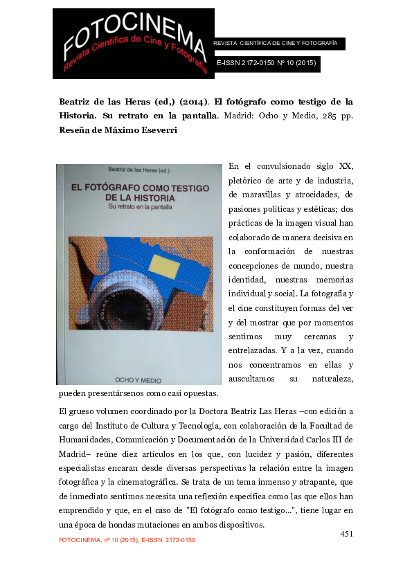 First page of “El fotógrafo como testigo de la Historia. Su retrato en la pantalla: Beatriz de las Heras (ed,). Madrid: Ocho y Medio, 2014.(285 pp.) [Reseña bibliográfica]”