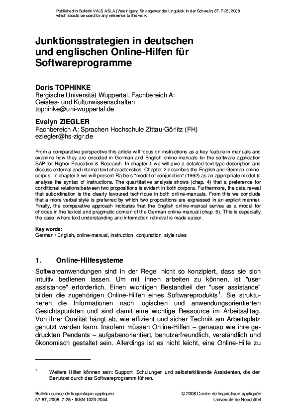 First page of “Junktionsstrategien in deutschen und englischen Online-Hilfen für Softwareprogramme”