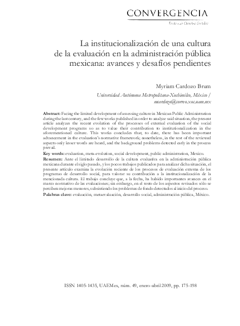 First page of “La institucionalización de una cultura de la evaluación en la administración pública mexicana: avances y desafíos pendientes”