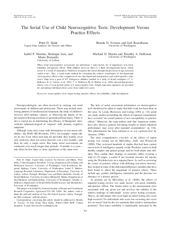 First page of “The serial use of child neurocognitive tests: Development versus practice effects”