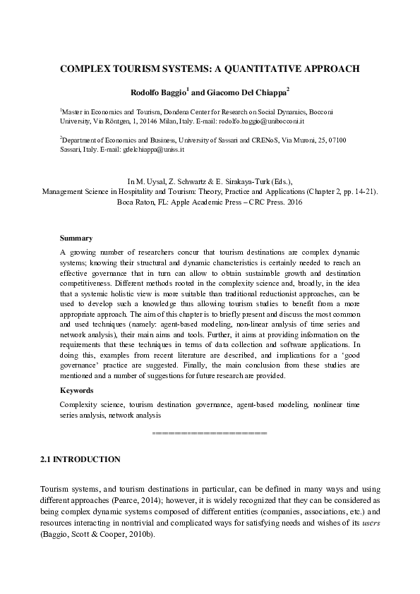 First page of “Complex Tourism Systems: A Quantitative Approach”