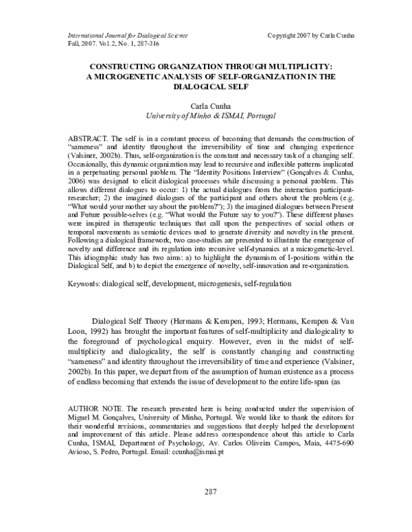 First page of “Constructing organization through multiplicity: A microgenetic analysis of self-organization in the dialogical self”