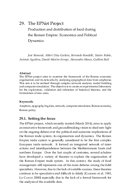 First page of “The EPNet Project. Production and distribution of food during the Roman Empire: Economics and Political Dynamics”