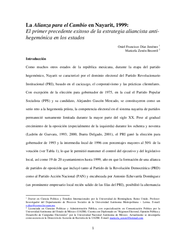 First page of “La Alianza para el Cambio en Nayarit, 1999: El primer precedente exitoso de la estrategia aliancista anti-hegemónica en los estados”