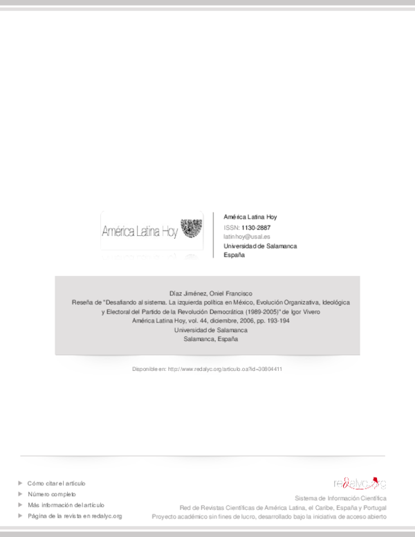 First page of “Reseña de "Desafiando al sistema. La izquierda política en México, Evolución Organizativa, Ideológica y Electoral del Partido de la Revolución Democrática (1989-2005)" de Igor Vivero”