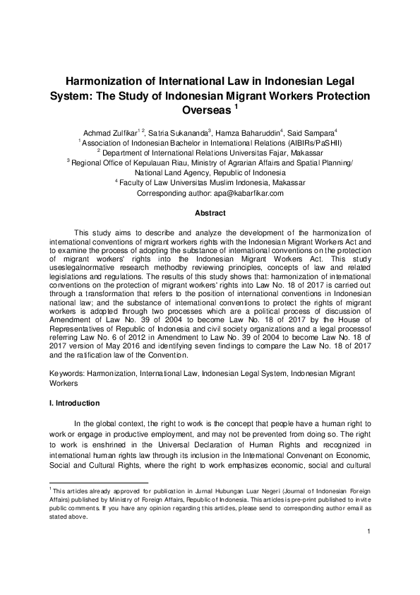 First page of “Harmonization of International Law in Indonesian Legal System: The Study of Indonesian Migrant Workers Protection Overseas”