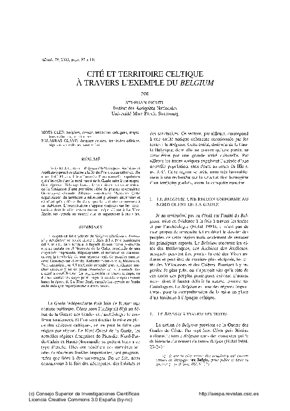 First page of “Cité et territoire celtique à travers l'exemple du Belgium”