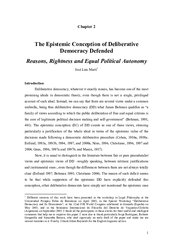 First page of “Chapter 2 The Epistemic Conception of Deliberative Democracy Defended Reasons, Rightness and Equal Political Autonomy”