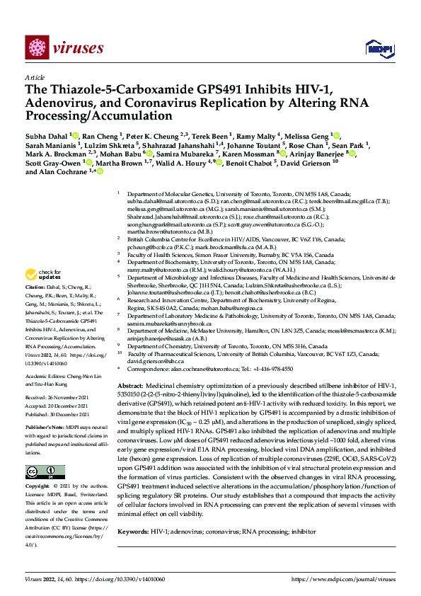 First page of “The Thiazole-5-Carboxamide GPS491 Inhibits HIV-1, Adenovirus, and Coronavirus Replication by Altering RNA Processing/Accumulation”