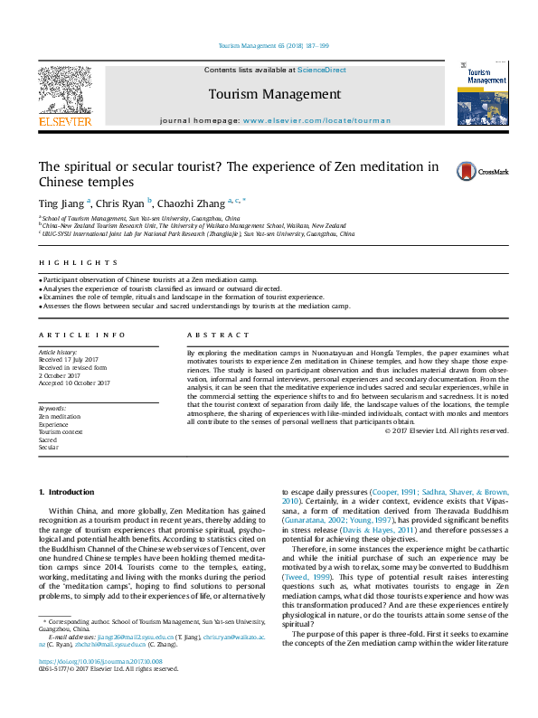 First page of “The spiritual or secular tourist? The experience of Zen meditation in Chinese temples”