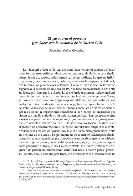 First page of “El pasado en el presente. Qué hacer con la memoria de la Guerra Civil”