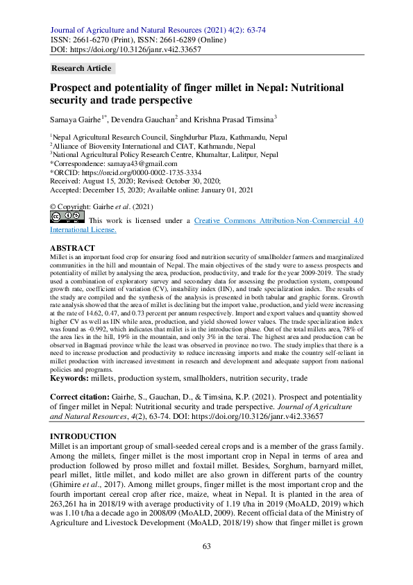 First page of “Prospect and potentiality of finger millet in Nepal: Nutritional security and trade perspective”