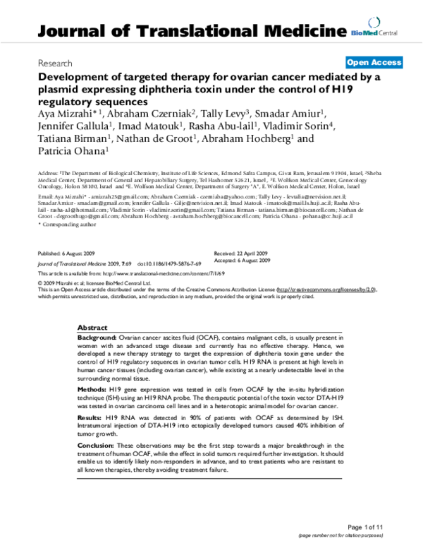 First page of “Development of targeted therapy for ovarian cancer mediated by a plasmid expressing diphtheria toxin under the control of H19 regulatory sequences”