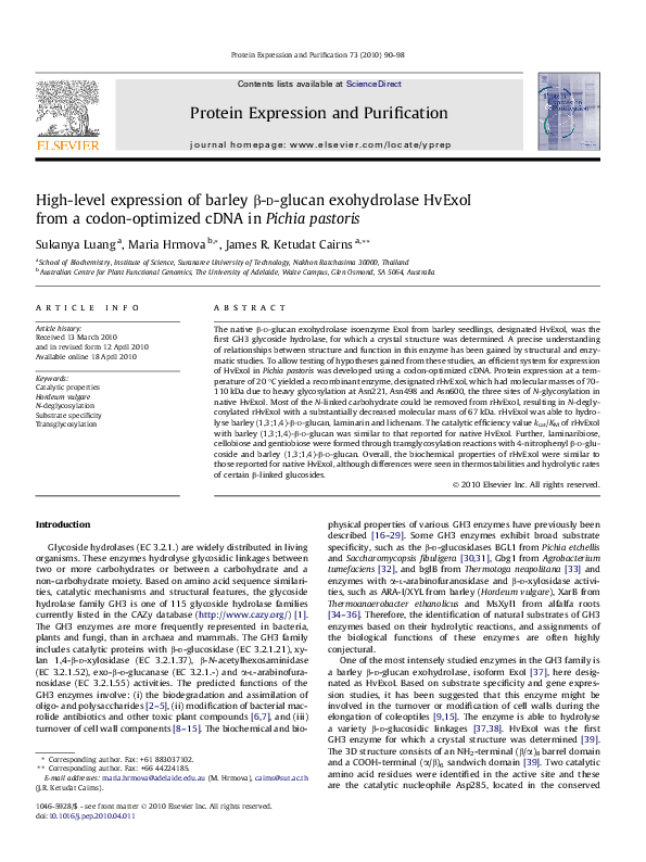 First page of “High-level expression of barley β-d-glucan exohydrolase HvExoI from a codon-optimized cDNA in Pichia pastoris”