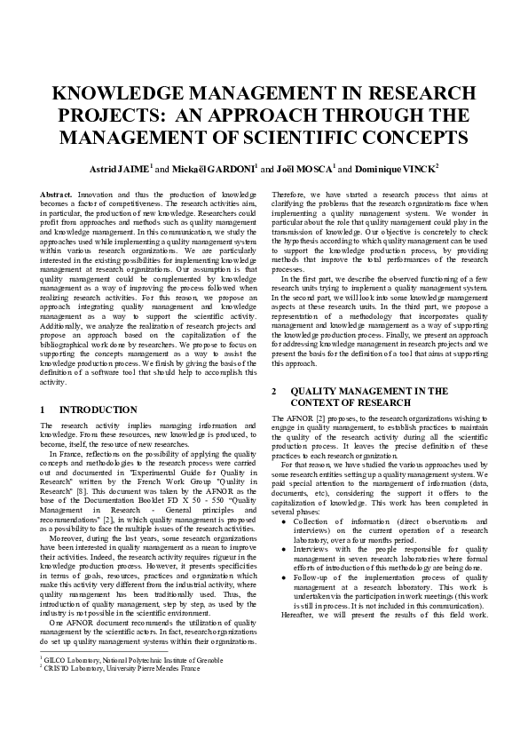 First page of “Knowledge Management in Research Projects: An Approach Through the Management of Scientific Concepts”