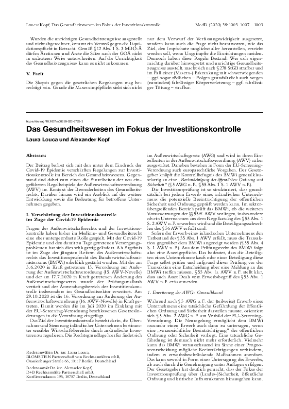 First page of “Das Gesundheitswesen im Fokus der Investitionskontrolle”