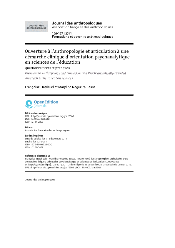 First page of “Ouverture à l’anthropologie et articulation à une démarche clinique d’orientation psychanalytique en sciences de l’éducation. Questionnements et pratiques”