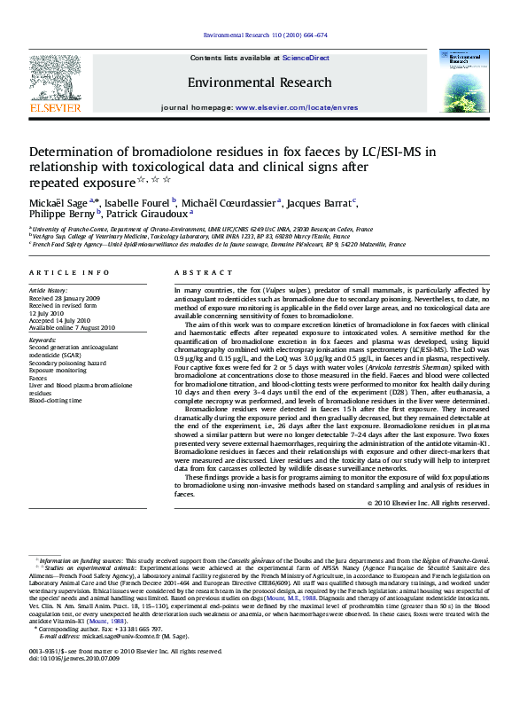 First page of “Determination of bromadiolone residues in fox faeces by LC/ESI-MS in relationship with toxicological data and clinical signs after repeated exposure”