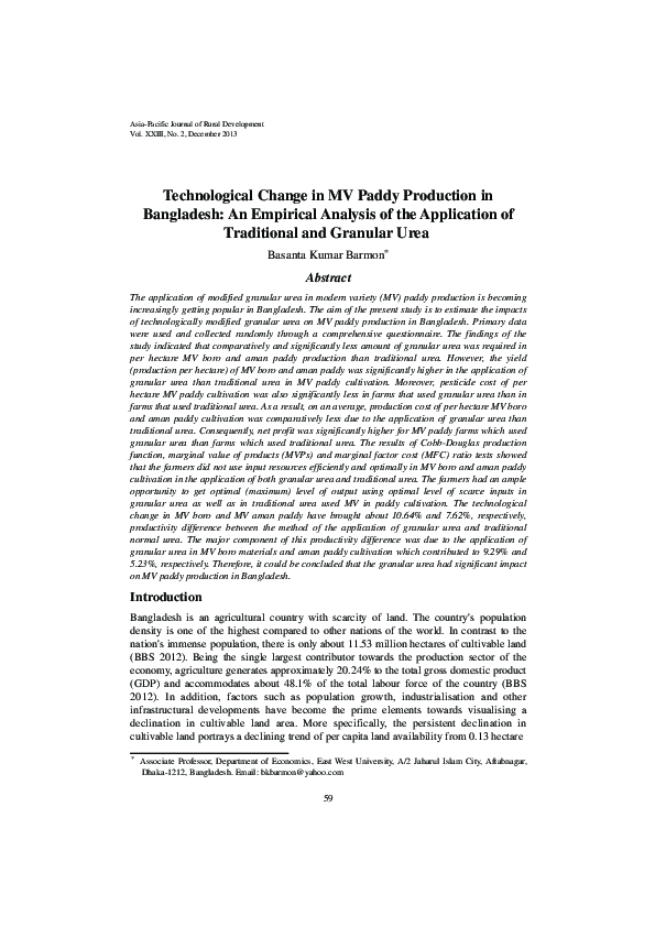 First page of “Technological Change in MV Paddy Production in Bangladesh: An Empirical Analysis of the Application of Traditional and Granular Urea”