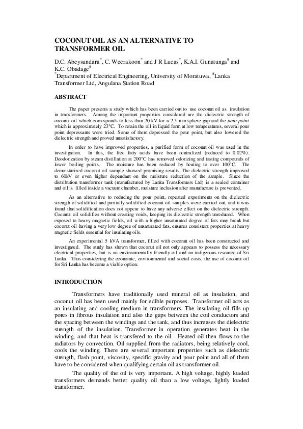 First page of “Coconut Oil as an Alternative to Transformer Oil”