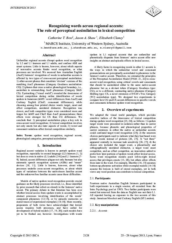 First page of “Recognizing words across regional accents: The role of perceptual assimilation in lexical competition”