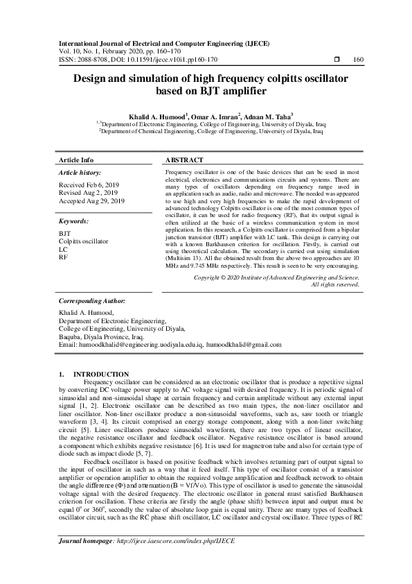 First page of “Design and simulation of high frequency colpitts oscillator based on BJT amplifier”