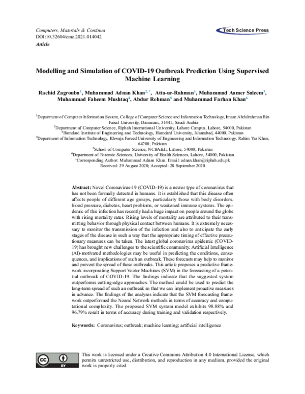 First page of “Modelling and Simulation of COVID-19 Outbreak Prediction Using Supervised Machine Learning”