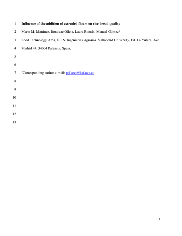 First page of “Influence of the Addition of Extruded Flours on Rice Bread Quality”