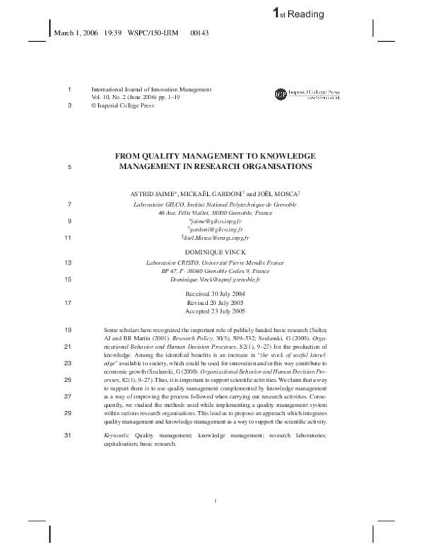 First page of “From Quality Management to Knowledge Management In Research Organisations”