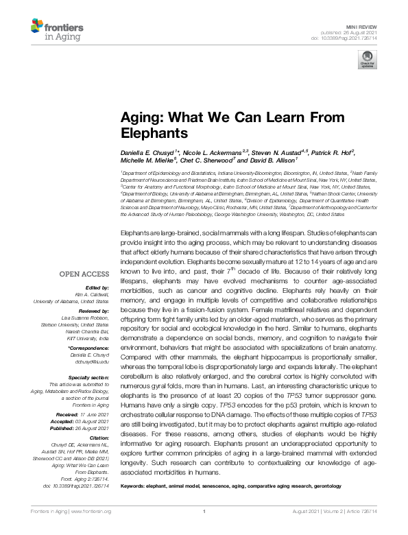 First page of “Aging: What We Can Learn From Elephants”