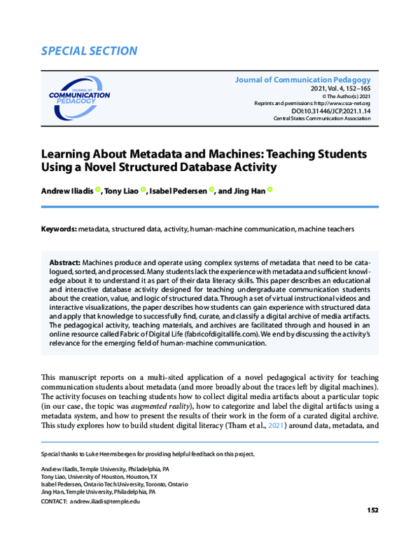 First page of “Learning About Metadata and Machines: Teaching Students Using a Novel Structured Database Activity”