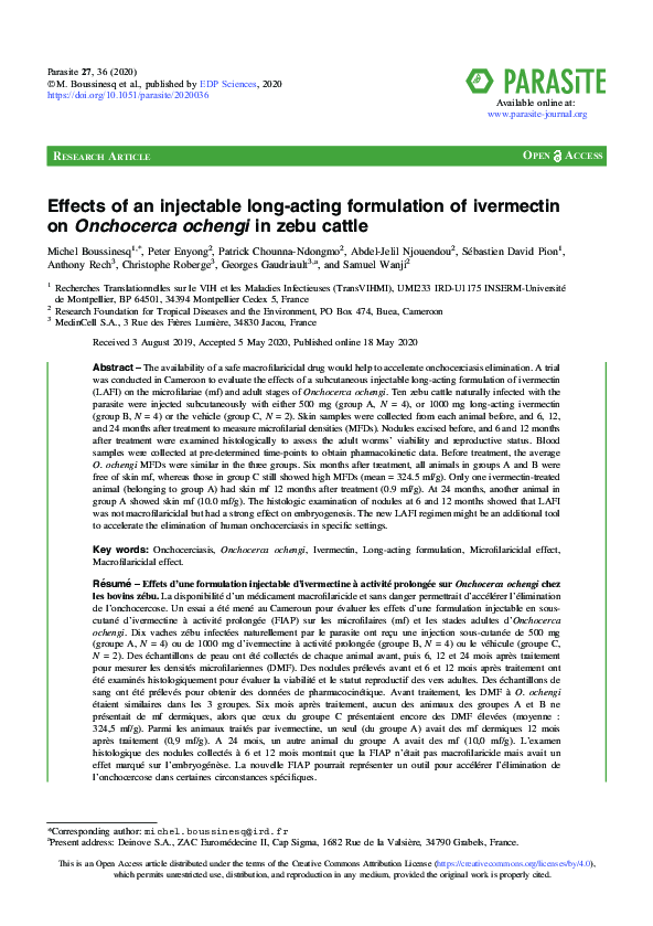 First page of “Effects of an injectable long-acting formulation of ivermectin on Onchocerca ochengi in zebu cattle”