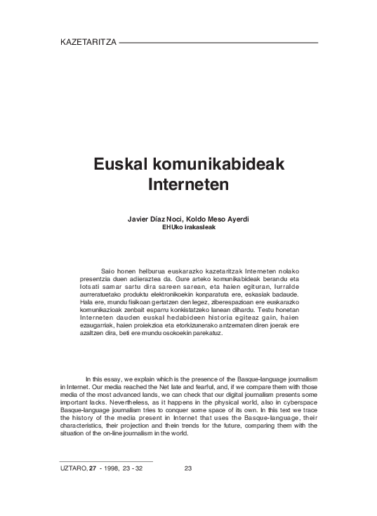 First page of “Euskal komunikabideak Interneten”