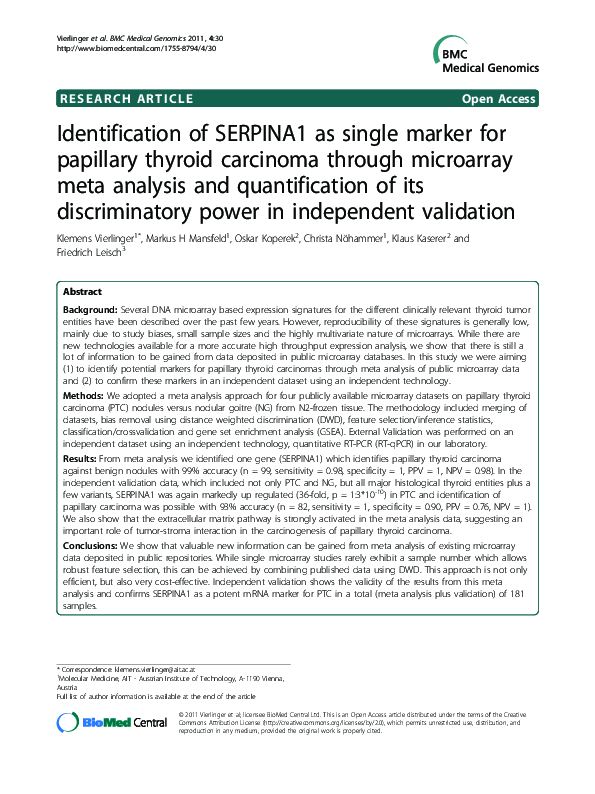 First page of “Identification of SERPINA1 as single marker for papillary thyroid carcinoma through microarray meta analysis and quantification of its discriminatory power in independent validation”