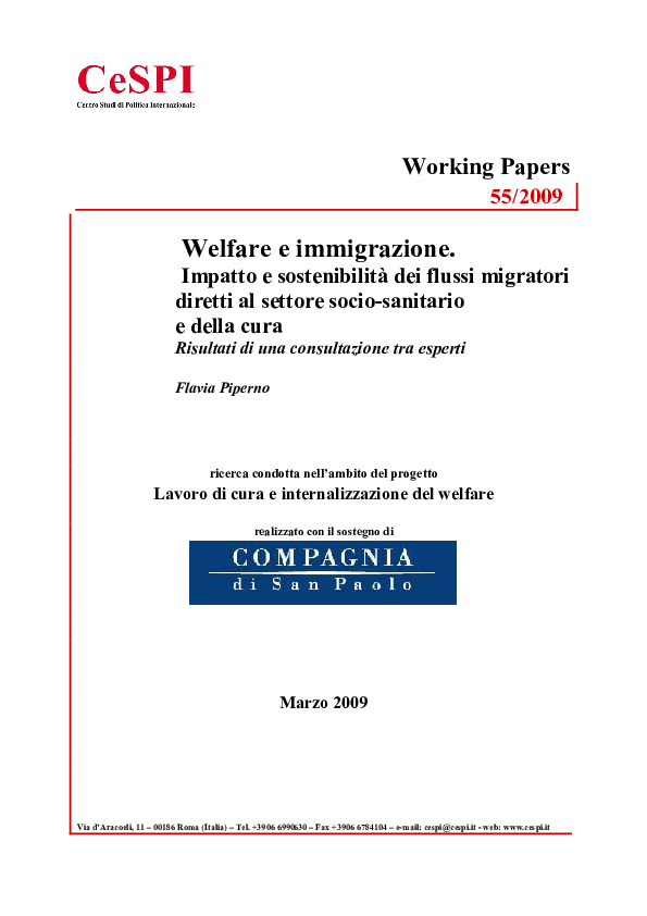 First page of “Welfare e immigrazione. Impatto e sostenibilità dei flussi migratori diretti al settore socio-sanitario e della cura Risultati di una consultazione tra esperti”