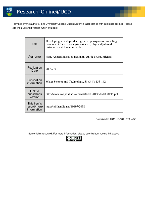 First page of “Developing an independent, generic, phosphorus modelling component for use with grid-oriented, physically based distributed catchment models”