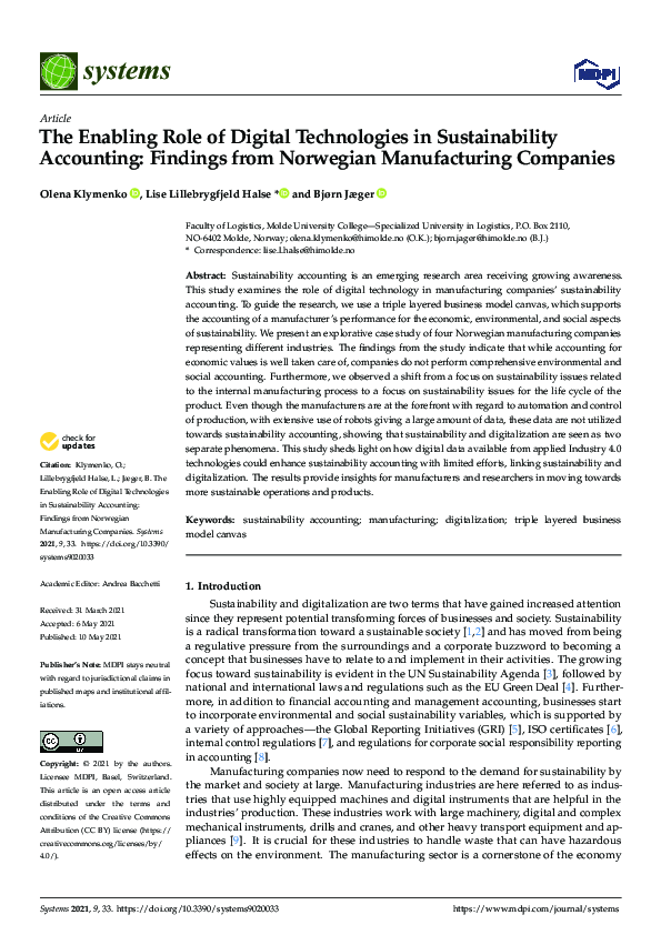 First page of “The Enabling Role of Digital Technologies in Sustainability Accounting: Findings from Norwegian Manufacturing Companies”