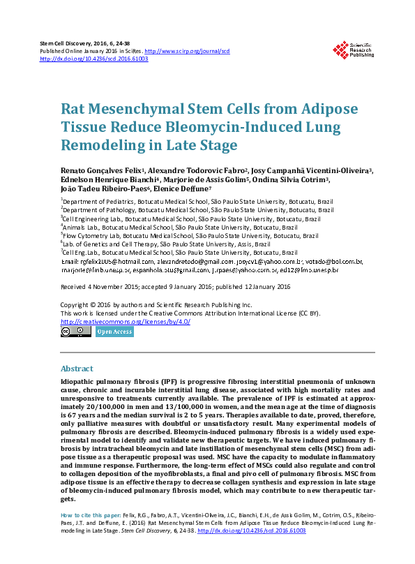 First page of “Rat Mesenchymal Stem Cells from Adipose Tissue Reduce Bleomycin-Induced Lung Remodeling in Late Stage”