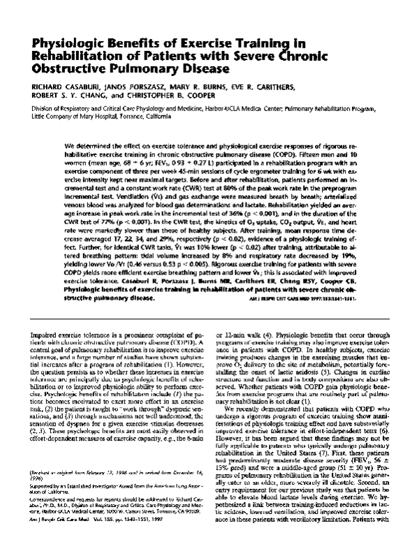 First page of “Physiologic benefits of exercise training in rehabilitation of patients with severe chronic obstructive pulmonary disease”