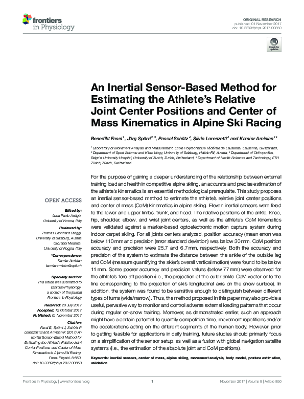 First page of “An Inertial Sensor-Based Method for Estimating the Athlete's Relative Joint Center Positions and Center of Mass Kinematics in Alpine Ski Racing”