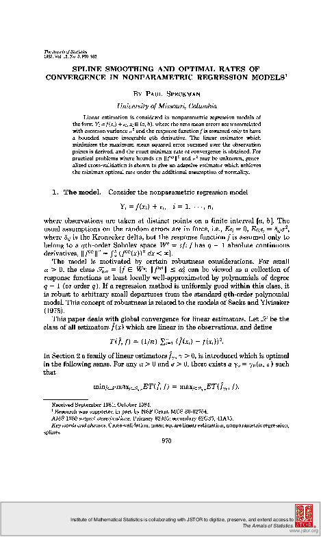 First page of “Spline Smoothing and Optimal Rates of Convergence in Nonparametric Regression Models”