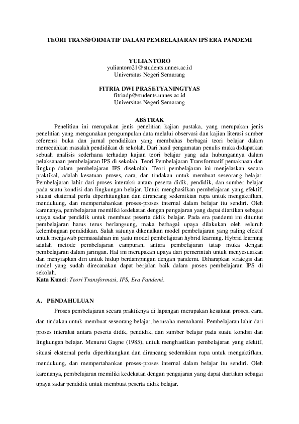 First page of “TEORI TRANSFORMATIF DALAM PEMBELAJARAN IPS ERA PANDEMI”