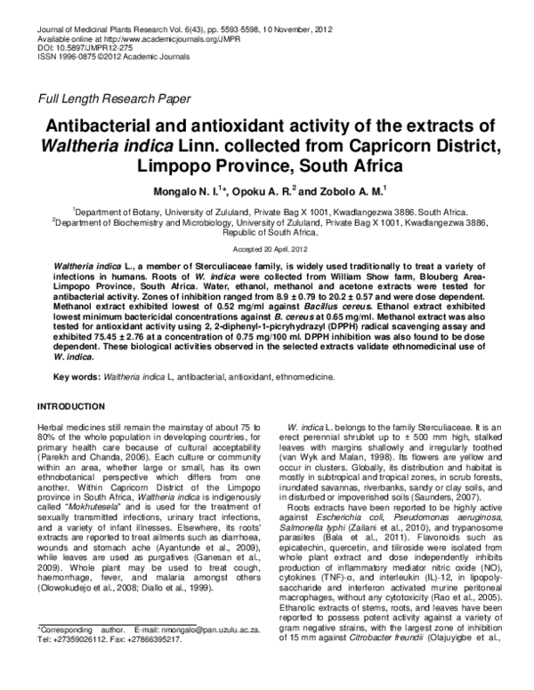 First page of “antibacterial and antioxidant activity of Waltheria indica”