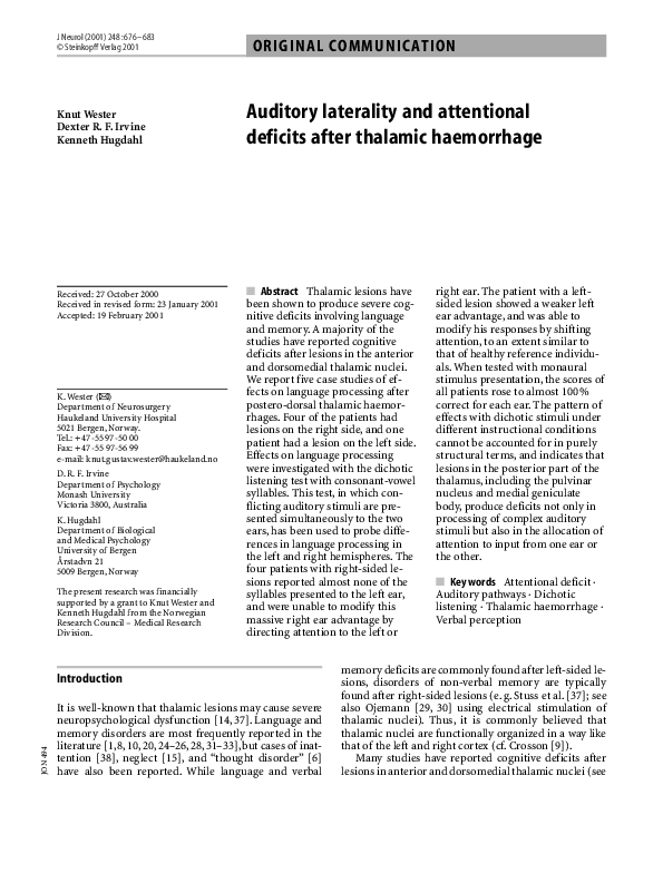 First page of “Auditory laterality and attentional deficits after thalamic haemorrhage”