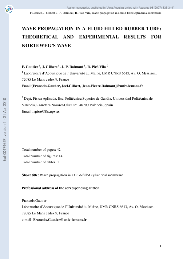 First page of “Wave propagation in a fluid filled rubber tube: Theoretical and experimental results for Korteweg's wave”