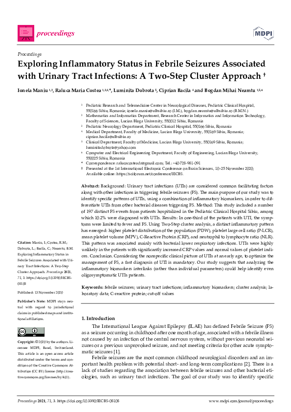 First page of “Exploring Inflammatory Status in Febrile Seizures Associated with Urinary Tract Infections: A Two-Step Cluster Approach”