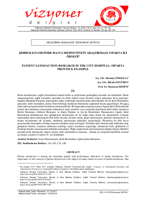 First page of “Şehi̇r Hastanesi̇nde Hasta Memnuni̇yeti̇ Araştirmasi: Isparta İli̇ Örneği̇”