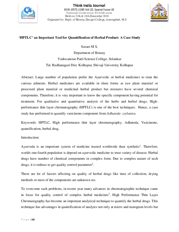 First page of “'HPTLC’ an Important Tool for Quantification of Herbal Product: A Case Study”