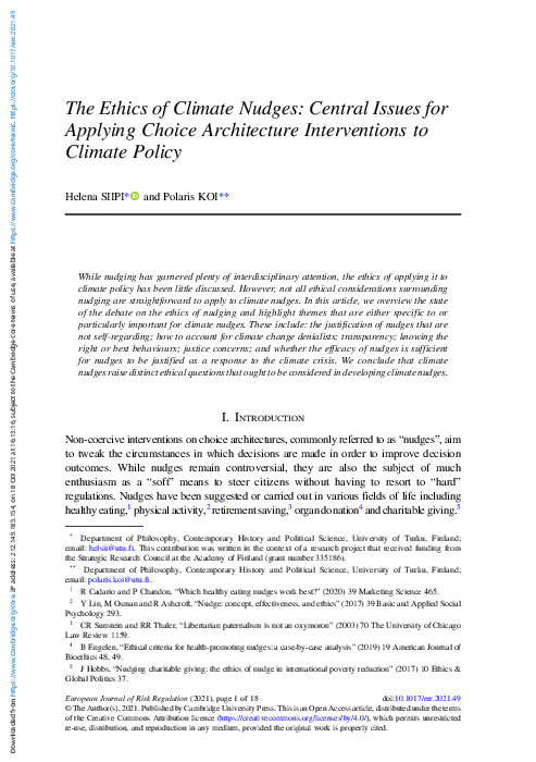 First page of “The Ethics of Climate Nudges: Central Issues for Applying Choice Architecture Interventions to Climate Policy”