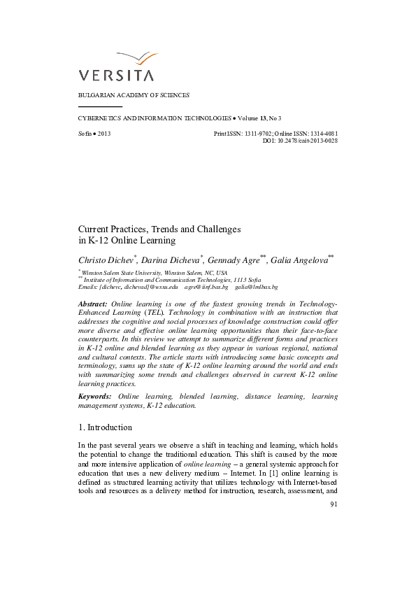 First page of “Current Practices, Trends and Challenges in K-12 Online Learning”